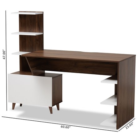 Baxton Studio Tobias Mid-Century Two-Tone White and Walnut Brown Finished Wood Storage Computer Desk with Shelves 181-11692-Zoro